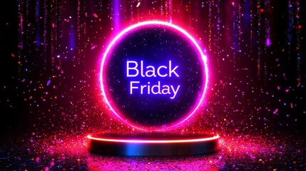 Wall Mural - Neon Black Friday Sale sign in dark lights with a glowing platform. Podium stand for promotions