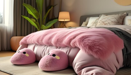 Cozy bedroom scene featuring fluffy pink fuzzy slippers captured from a low-angle perspective