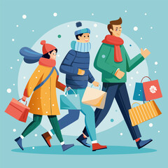 Wall Mural - A group of friends enjoying a winter shopping spree. Dressed in warm winter wear, they carry shopping bags filled with gifts and goodies, creating a festive and cheerful atmosphere.