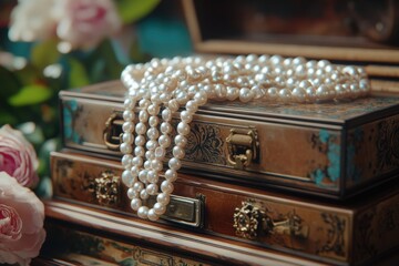 elegant pearl necklaces in vintage jewelry box, featuring a girlhood design style ideal concept banner for accessories