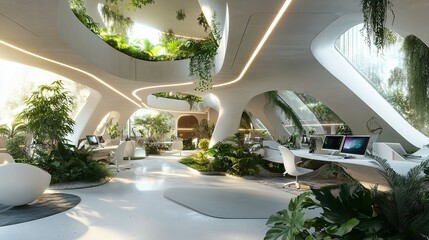 Wall Mural - Modern Office Interior with Curved Walls and Abundant Greenery