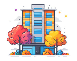 Sticker - Modern apartment building with trees and bushes. Vector illustration in cartoon style.