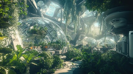 Poster - Overgrown Futuristic Interior with Glass Domes and Lush Greenery