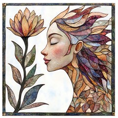 Canvas Print - Abstract Mosaic Portrait of a Woman with Flower.