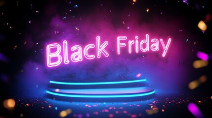 Wall Mural - Neon Black Friday Sale sign in dark lights with a glowing platform. Podium stand for promotions