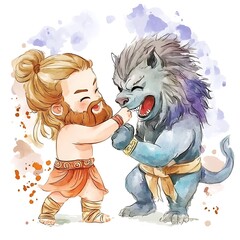 Poster - Playful Watercolor Illustration of a Man and a Wolf in a Friendly Encounter.