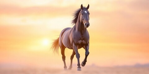 black horse running on desert with dust against glowing bright sun background