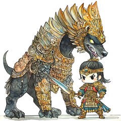 Sticker - Warrior and Guardian Beast Illustration in Watercolor Style.