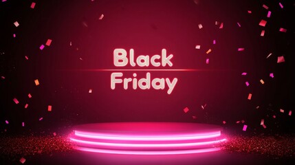 Wall Mural - Neon Black Friday Sale sign in dark lights with a glowing platform. Podium stand for promotions