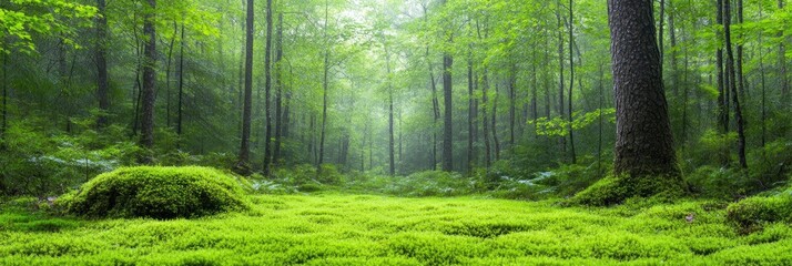 Beautiful and peaceful forest with green moss covering the forest floor