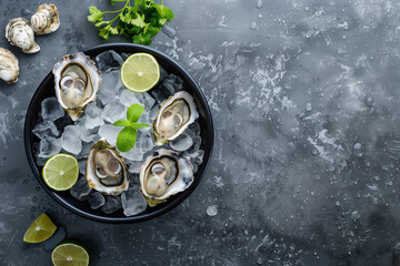 Wall Mural - Oysters in a bowl of ice with fresh lime slices, top view, dark grey background, copy space