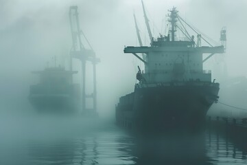 Wall Mural - Foggy weather with a large ship in the water