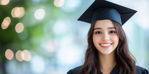 Wall Mural - beautiful girl in graduation gown and cap with blur bokeh background