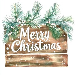 Festive Merry Christmas greeting sign decorated with pine branches and berries, perfect for holiday celebrations and decorations.