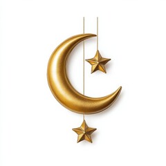 Wall Mural - Crescent moon with hanging stars in elegant golden design symbolizing Ramadan isolated on white background 