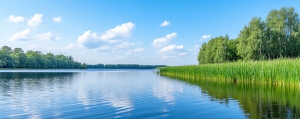 serene lake reflection with white clouds in a blue sky