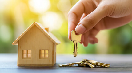 Person signing a real estate contract with a house model and keys on the table, symbolizing property agreement, ownership transfer, and formal transaction in the real estate market.