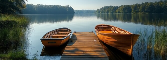 Serene lake view featuring two wooden boats docked on a peaceful morning, surrounded by lush greenery and calm waters.