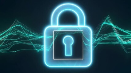 Poster - A metallic lock stands prominently against a dark background, with vibrant data streams surrounding it. This visual highlights themes of cybersecurity and information protection.