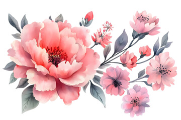 Wall Mural - Set of Sweet pink peonies flower ,Watercolor collection of hand drawn flowers, Botanical plant illustration on white background.[Z-0005]