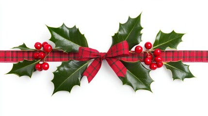 Canvas Print - Green holly leaves with red berries tied with a plaid ribbon isolated on white background classic Christmas decoration 