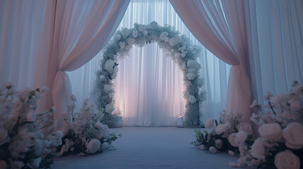 Dreamy Wedding Ceremony Arch: An elegant backdrop for a romantic wedding ceremony, featuring a lush floral arch framed by flowing white curtains, capturing the ethereal beauty and timeless elegance of