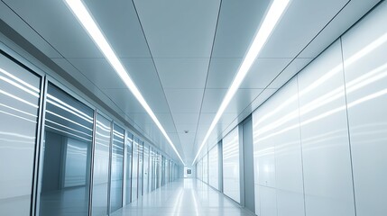 Poster - A Bright, Empty Corridor with White Walls and Fluorescent Lights