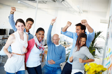 Poster - Happy, business people and dancing with celebration together for promotion, teamwork or success at office. Creative, group or excited employees with smile for winning or achievement at workplace