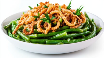 Sticker - Plate of green bean casserole topped with crispy fried onions isolated on white background iconic Thanksgiving side dish image 