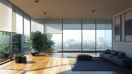 Poster - Modern Living Room with City Skyline View and Wooden Floors