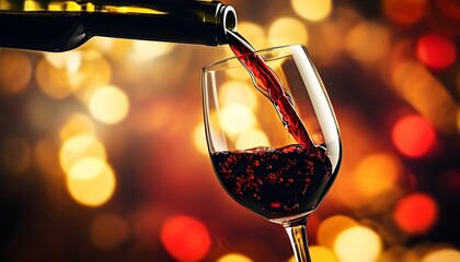 Wall Mural - Elegant pouring of rich red wine into a sparkling glass, set against a blurred backdrop of shimmering gold and red lights