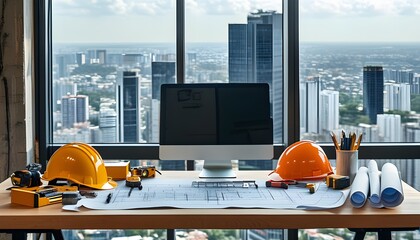 Sticker - Architects Workspace Showcasing Blueprints, Tools, and Hard Hat with a City View from a Modern Office