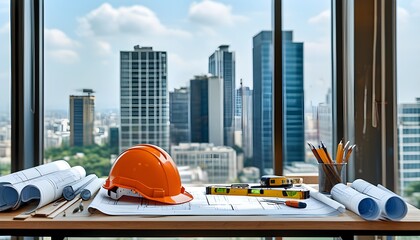 Canvas Print - Architects Workspace Showcasing Blueprints, Tools, and Hard Hat with a City View from a Modern Office