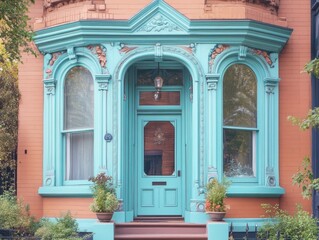 Ornate light blue window frames and door trims on a Victorian-style house