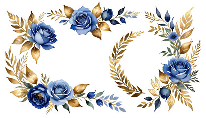 Wall Mural - design white printing hand perfectly invitations set watercolor wreaths other painting olated roses leaf floral art clip cards blue botanical background gold flowers watercolor chaplet blue flower