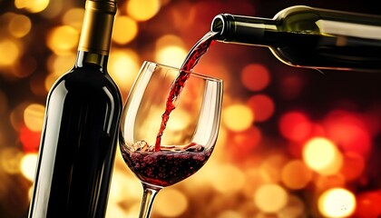 Wall Mural - Elegant pouring of rich red wine into a sparkling glass, set against a blurred backdrop of shimmering gold and red lights