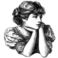 vintage engraving of a thoughtful young woman resting her head on her hands, hand-drawn victorian style portrait illustration, black and white artwork isolated on transparent background