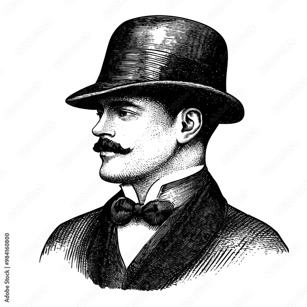 vintage engraving of a gentleman with mustache wearing a bowler hat and ...
