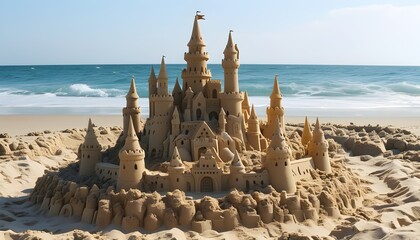 Poster - stunning sandcastle on a beach with a picturesque ocean view