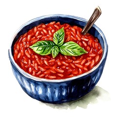 Canvas Print - Watercolor Illustration of a Bowl of Red Rice with a Basil Leaf Garnish.