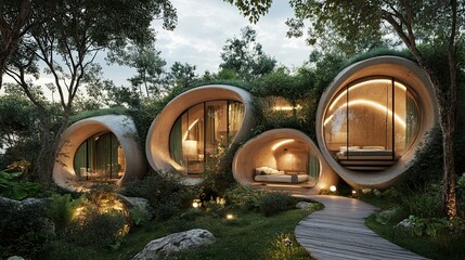 Sticker - Modern, Circular Homes Nestled in a Lush Green Forest