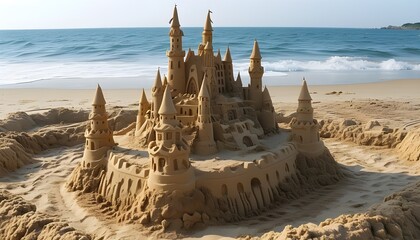 Sticker - Impressive sandcastle masterpiece on the beach with the ocean waves gently lapping at the shore in the background