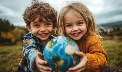 Two children are holding a globe in their hands, smiling and looking happy