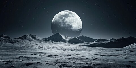 Wall Mural - A large moon is in the sky above a barren, rocky landscape