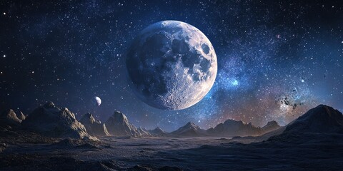 Wall Mural - A large moon is floating in the sky above a barren landscape