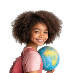 afro young girl with curly hair is holding a globe in her hand