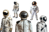 A group of astronauts in white space suits are standing in a row