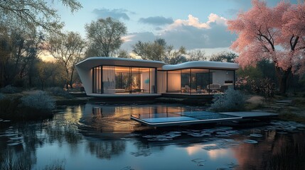 Wall Mural - Modern Glass House with Pond and Dock in a Tranquil Setting