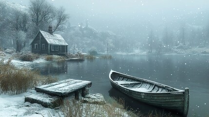 Canvas Print - Snowy Cabin by the Lake: A Winter Wonderland