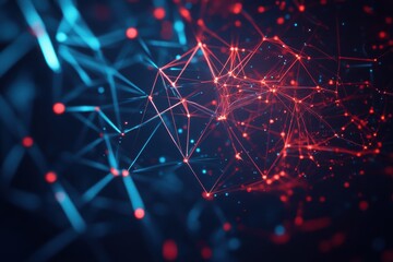 An abstract digital network of interconnected red and blue geometric shapes and lines